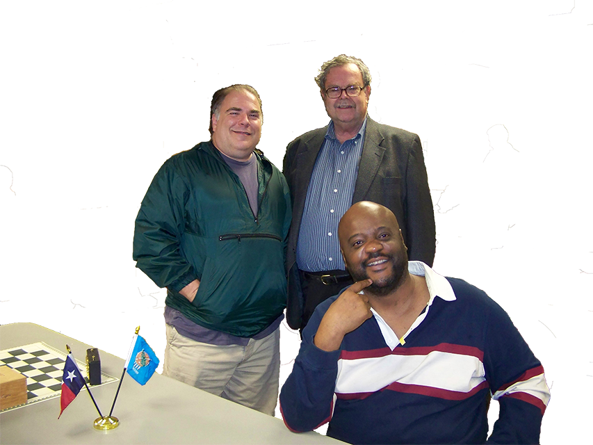 Photo of USCF Original Life Chess Master Tom Braunlich, National Chess Master D La Pierre Ballard and strong Class A chess player Odell Hall (deceased)